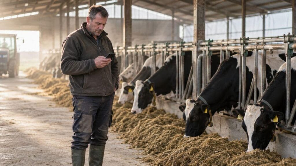 Hodowca sprawdza terminy wycieleń w telefonie w oborze
